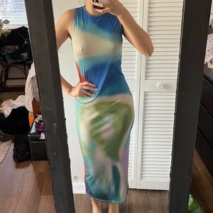 Multicolored Ribbed Halter Tie Dye Maxi-Midi Dress
